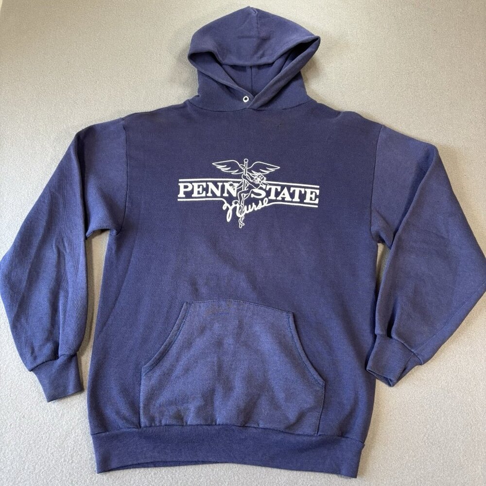 Vintage 80s Jerzees Hoodie Penn State Nurse Womens L‎ Blue Faded USA Made RARE